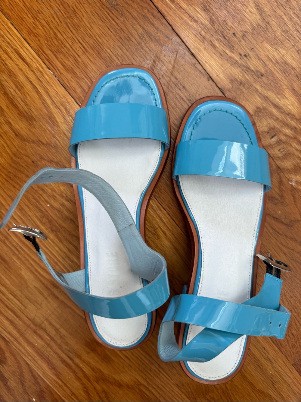 No. 6 Glossy Turquoise Patent Leather Slide Sandals